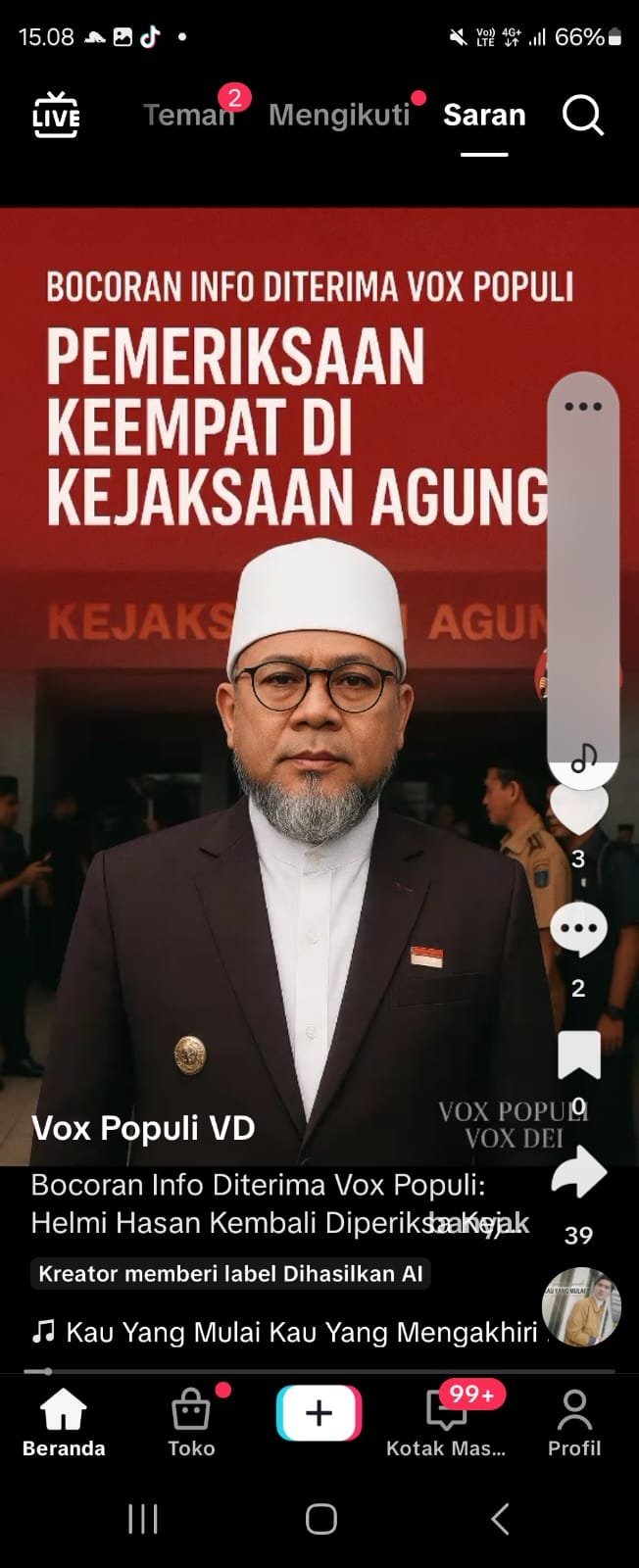 Screenshot salah satu akun TikTok bernama vox populi voxdai menyebarkan informasi palsu yang menyebutkan bahwa Helmi Hasan menjalani pemeriksaan keempat kalinya di Kejaksaan Agung.