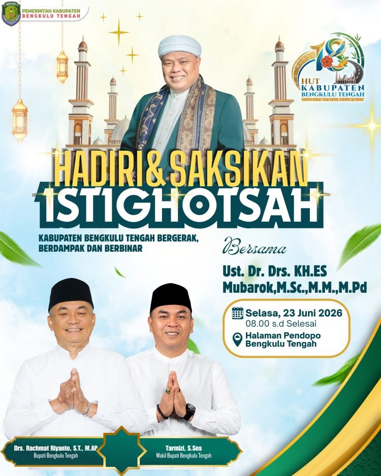 KH ES Mubarok menjadi magnet utama HUT ke-18 Bengkulu Tengah. Ribuan jamaah diperkirakan hadir dalam Istighotsah Akbar di Pendopo Bukit Kandis.